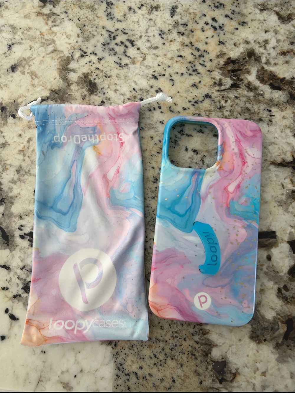 14 Pro Max Loopy Case Marble Pink & Blue Phone Case with Built-In Loop